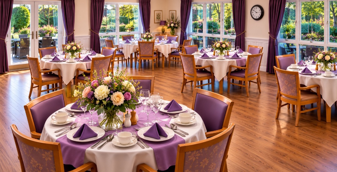 The Griffin House dining room laid for lunch, white linen, folded purple napkins, flowers and glassware on every table