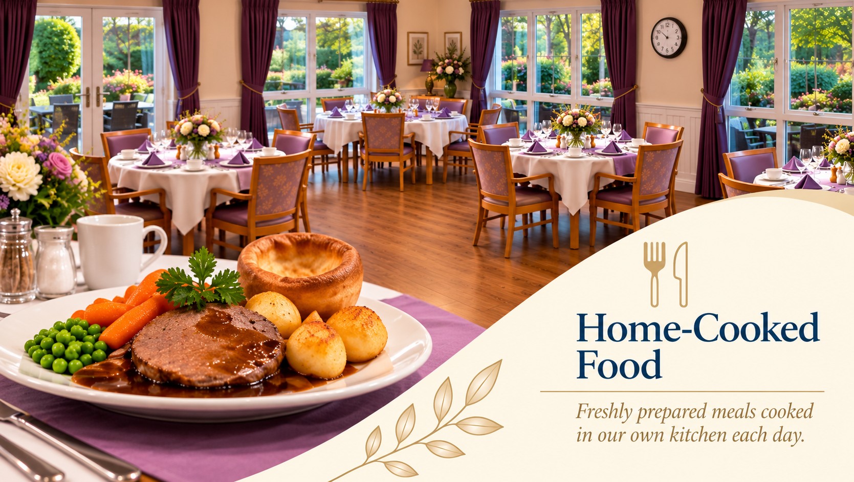 A freshly plated roast dinner with gravy, roast potatoes, Yorkshire pudding and vegetables, served in the Griffin House dining room