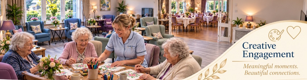 Residents and a care team member colouring together around the activity table in the Griffin House lounge