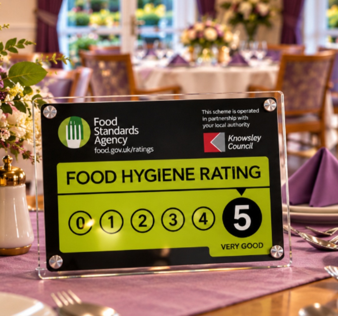 The Food Standards Agency food hygiene rating of 5, very good, displayed on the dining table at Griffin House