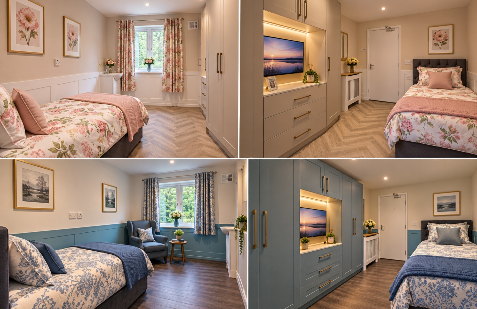 Two Griffin House bedrooms shown from different angles, with individually chosen pink floral and blue décor