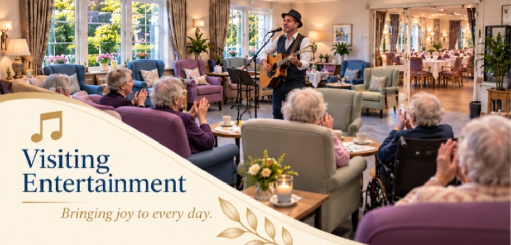 A visiting guitarist singing to residents seated in armchairs in the Griffin House lounge