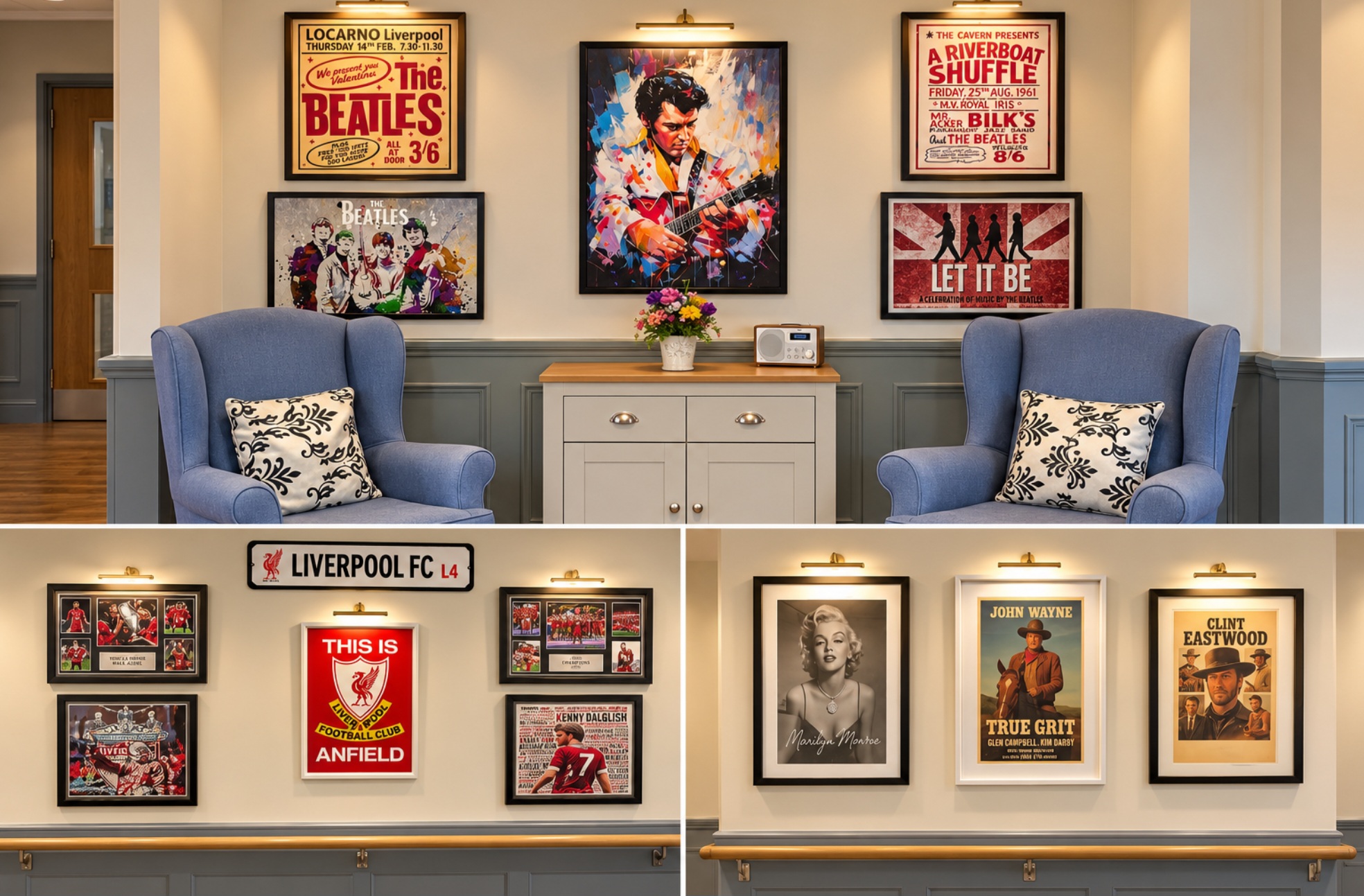 Griffin House quiet seating area with blue armchairs and displays celebrating music, Liverpool football and classic cinema